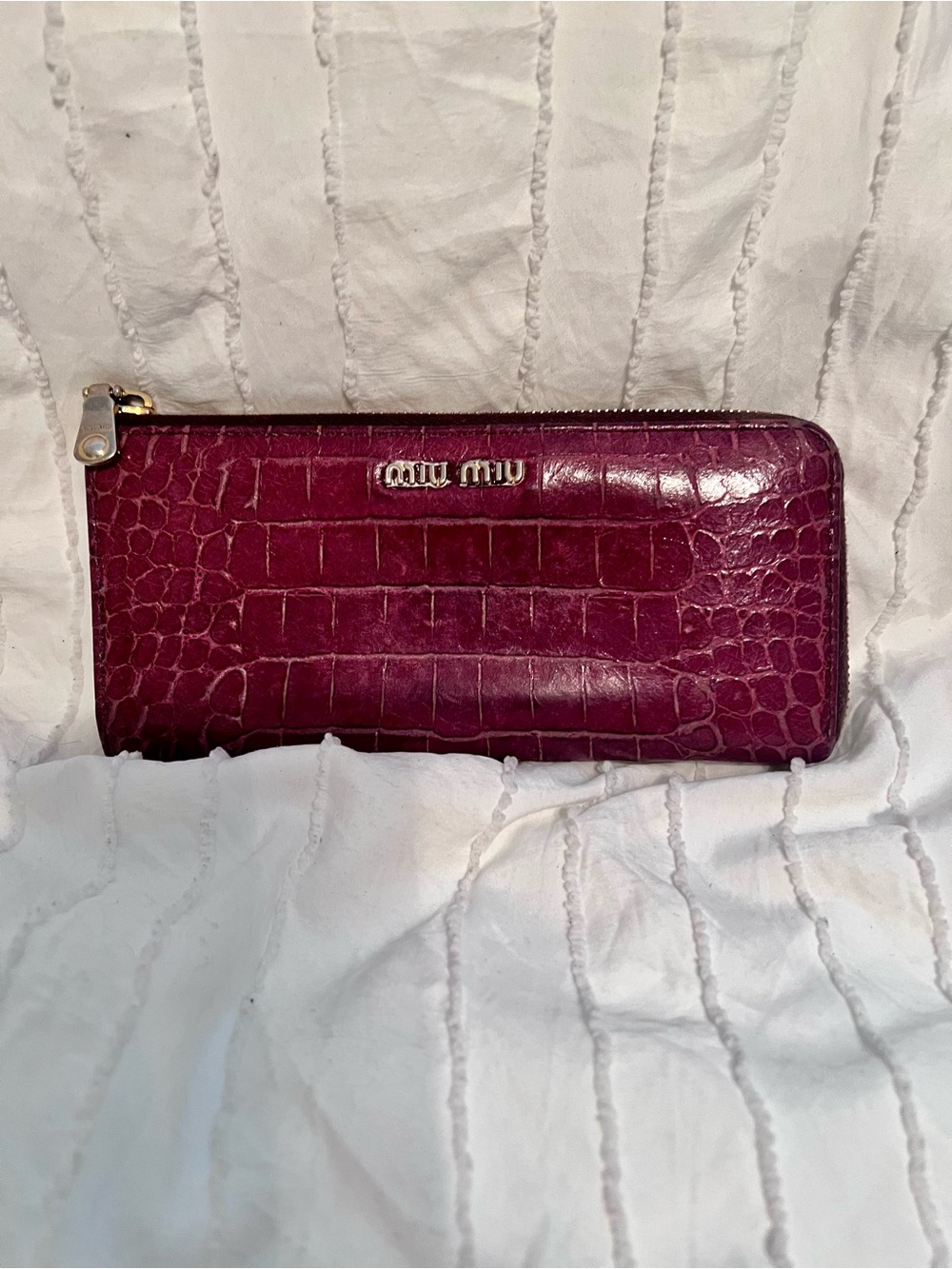 Miu Miu Plum Croc-Embossed Zip Around Wallet with Gold Hardware